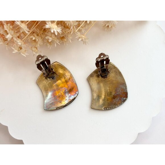 Modernist Sterling Silver Vermeil Taxco Mexican Abalone Vintage Clip On Earrings - Picture 10 of 10